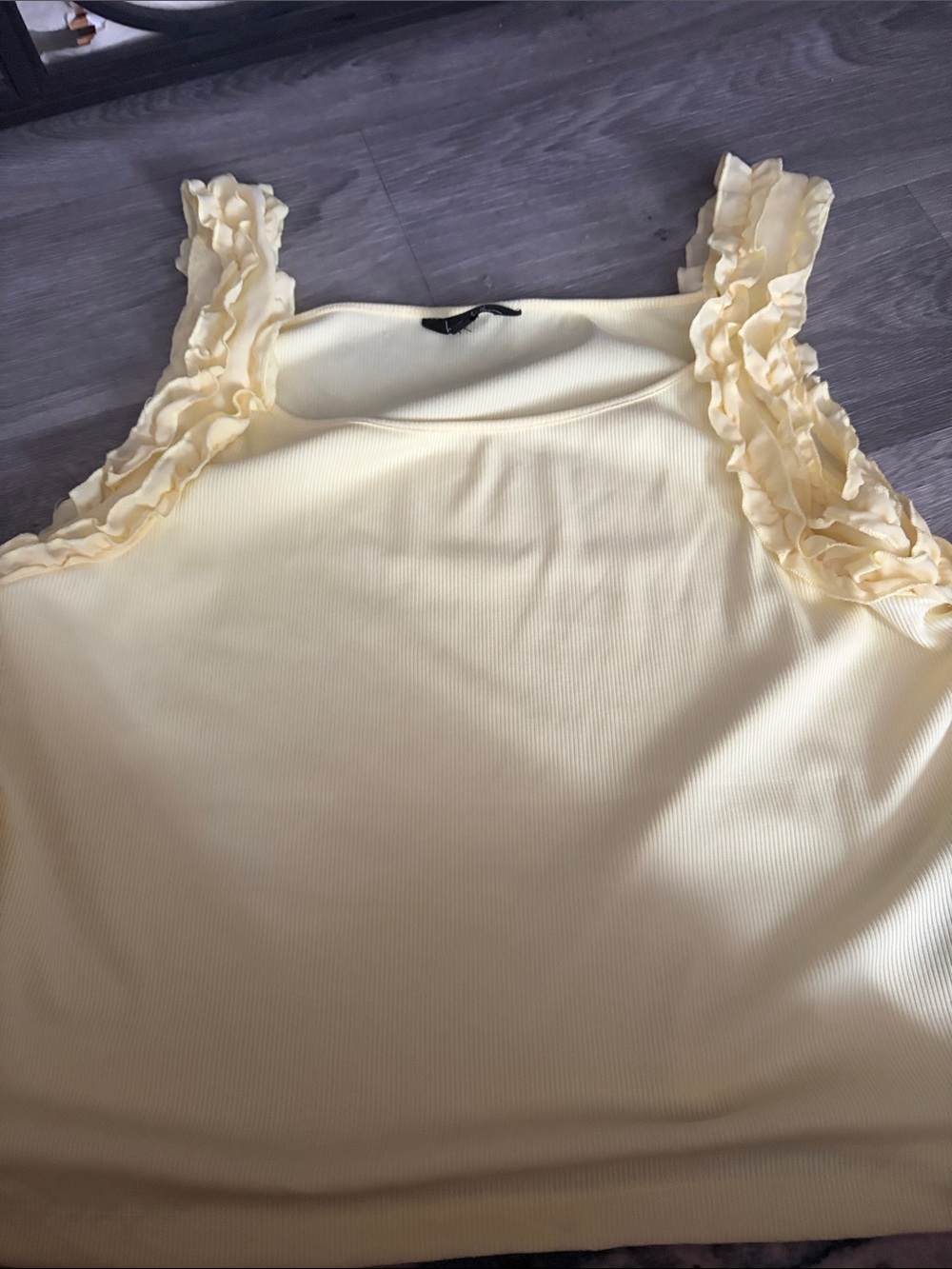 Nicole Miller Pale Yellow Ruffled Strap Crop Tank